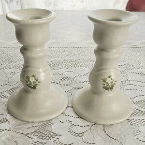2  Pfaltzgraff Christmas Heirloom Candle Holders 5" tapers vtg white flowers red
